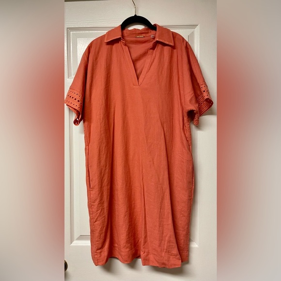 NWOT Elie Tahari Linen Blend Johnny Collar
Eyelet Trim Dress Sunrise Orange Sz M - Picture 2 of 11